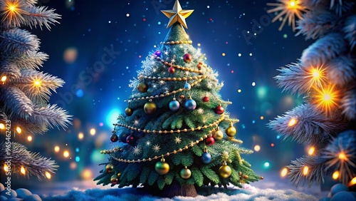 Beautifully decorated Christmas tree with ornaments and lights in snowy scene..