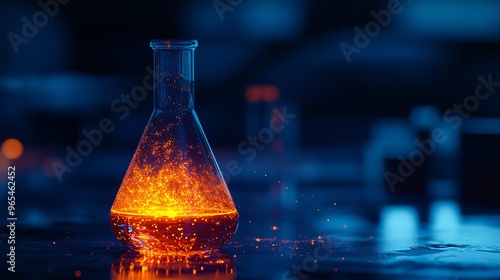 Erlenmeyer flask containing glowing solution, shot with a Sony A9 II and 90mm macro lens, highlighting experimental processes in a lab setting photo