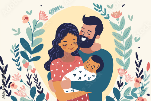 Loving Couple Hugging with Newborn Baby, Multiracial Family Portrait Representing Tolerance