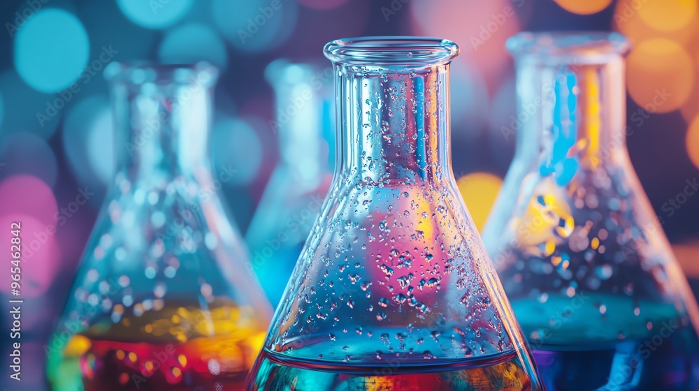 Highresolution closeup of a glass Erlenmeyer flask with colorful ...