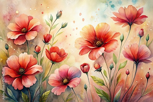 Vibrant watercolor painting of stylized red flowers with soft, blended petals and delicate stems on a subtle, creamy background, evoking whimsy and romance. photo