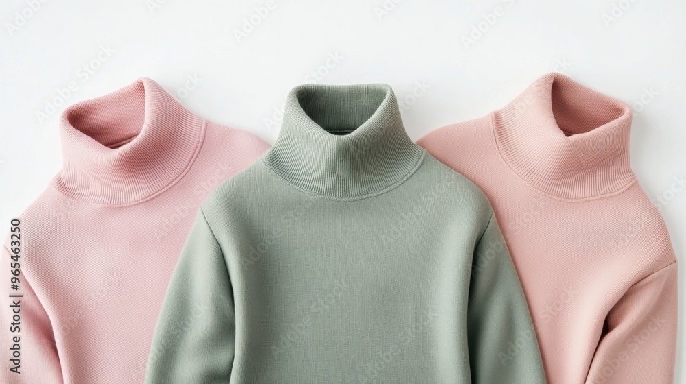 Three soft-toned pastel turtlenecks in pink, beige, and green arranged neatly on a white backdrop Three soft-toned pastel turtlenecks in pink, beige, and green arranged neatly on a white backdrop
