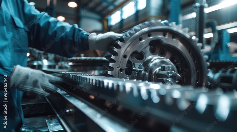 Fototapeta premium A Portrait of Engineer inspects engine gear wheel, industrial background.