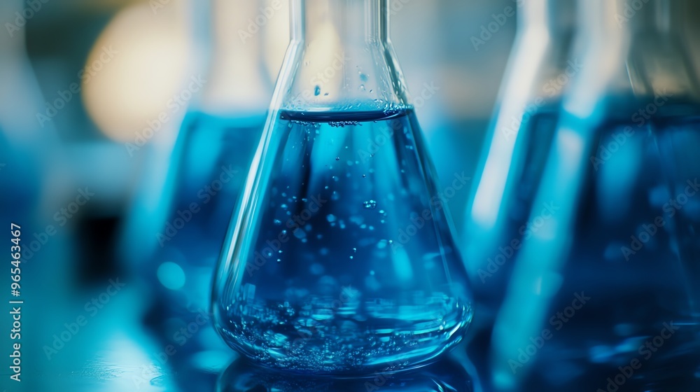 Closeup of an Erlenmeyer flask filled with blue liquid, captured with a Fujifilm GFX 100S and 120mm macro lens, highlighting lab research with stunning detail Closeup of an Erlenmeyer flask filled with blue liquid, captured with a Fujifilm GFX 100S and 120mm macro lens, highlighting lab research with stunning detail