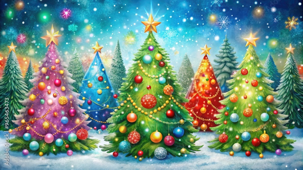Vibrant, whimsical illustration of multiple colorful Christmas trees, adorned with ornaments and sparkling lights, amidst snowflakes and festive holly, exuding joy and holiday magic. Vibrant, whimsical illustration of multiple colorful Christmas trees, adorned with ornaments and sparkling lights, amidst snowflakes and festive holly, exuding joy and holiday magic.