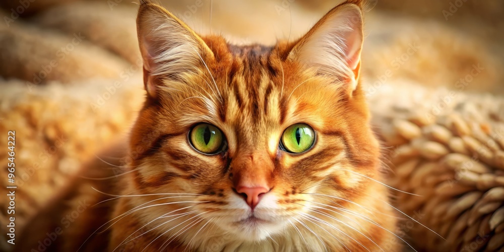 Warm sandy tones and rich burnt orange fur, soft swirling patterns, bright green eyes, and gentle whiskers on a serene domestic cat face, surrounded by soft fluffy ears and nose. Warm sandy tones and rich burnt orange fur, soft swirling patterns, bright green eyes, and gentle whiskers on a serene domestic cat face, surrounded by soft fluffy ears and nose.