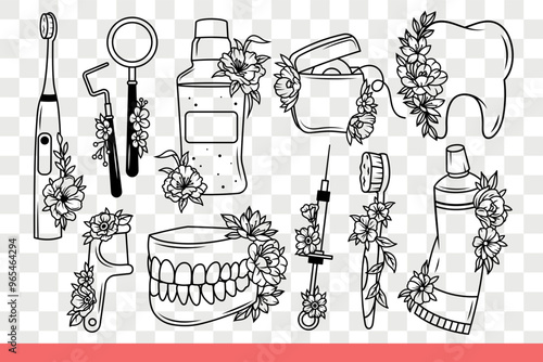 Items for self-care of teeth or going to dentist and visiting orthodontist. Toothpaste and toothbrush for care of teeth near magnifying glass and hook decorated with flowers. Hand drawn.