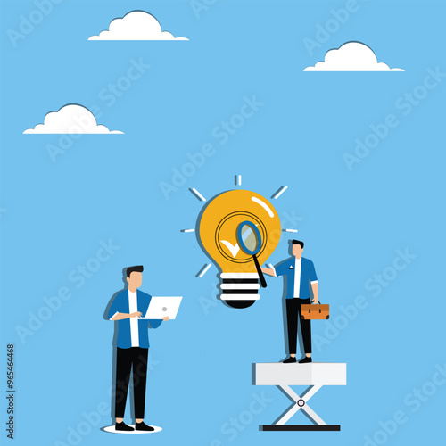 Evaluating startup ideas, examining the feasibility of using the idea for business, Businessman evaluating idea based on predetermined criteria