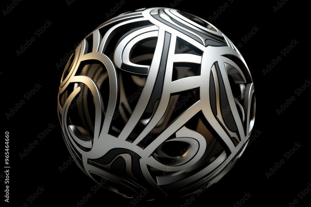 Abstract Silver Geometric Sphere with Intricate Pattern on Black Background Abstract Silver Geometric Sphere with Intricate Pattern on Black Background