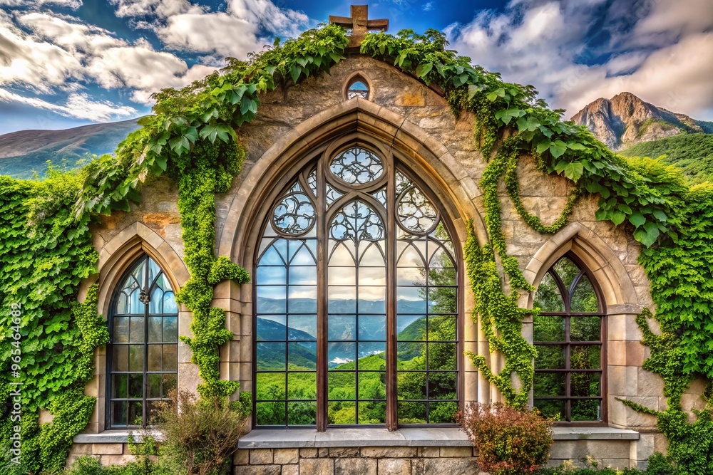 Sculptural stone façade featuring a grand arched window with ornate leaded glass panes and dramatic hanging vines amid a serene mountainous backdrop. Sculptural stone façade featuring a grand arched window with ornate leaded glass panes and dramatic hanging vines amid a serene mountainous backdrop.