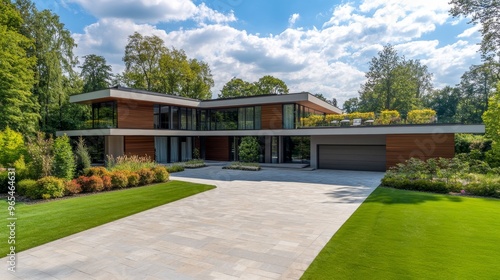 A modern two-story house with large windows, surrounded by greenery and a stone driveway.