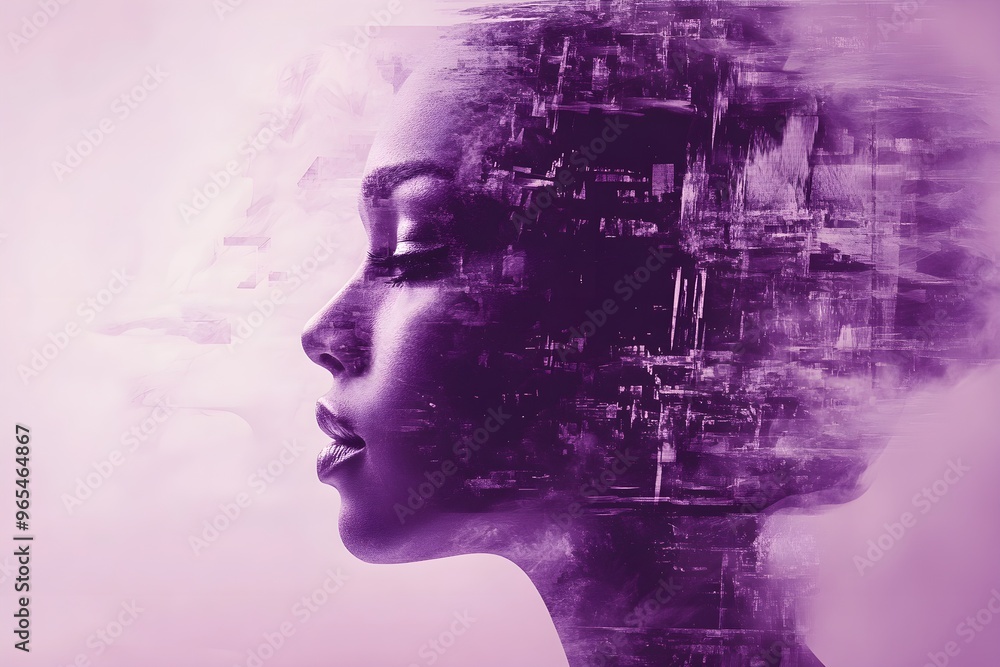 A woman's face is blurred and distorted, with a cityscape in the background A woman's face is blurred and distorted, with a cityscape in the background