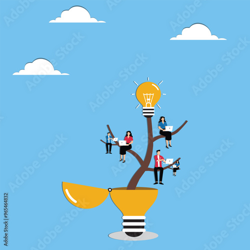 Growing mindset culture in workplace, developing creativity together in business team, cultivating corperate value concept. Employees sitting on same lightbulb tree while being watered by boss hand