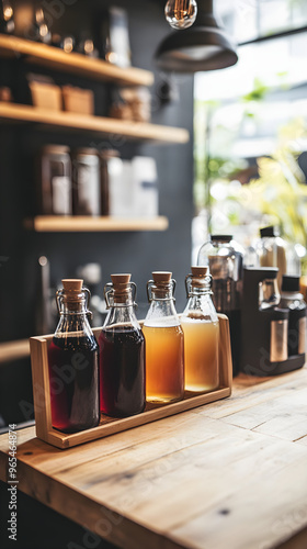 Cold brew coffee bottles showcase a variety of flavors arranged neatly on a wooden counter in a cozy cafe setting