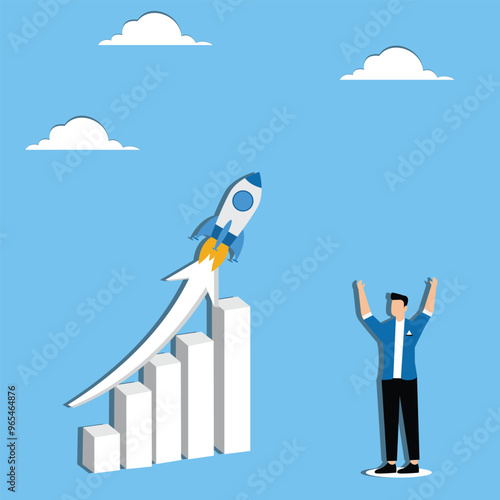 Rapid business growth, massive sales of products, skyrocketed profit, company earning or financial gain concept, Cheerful businessman with exponential graph
