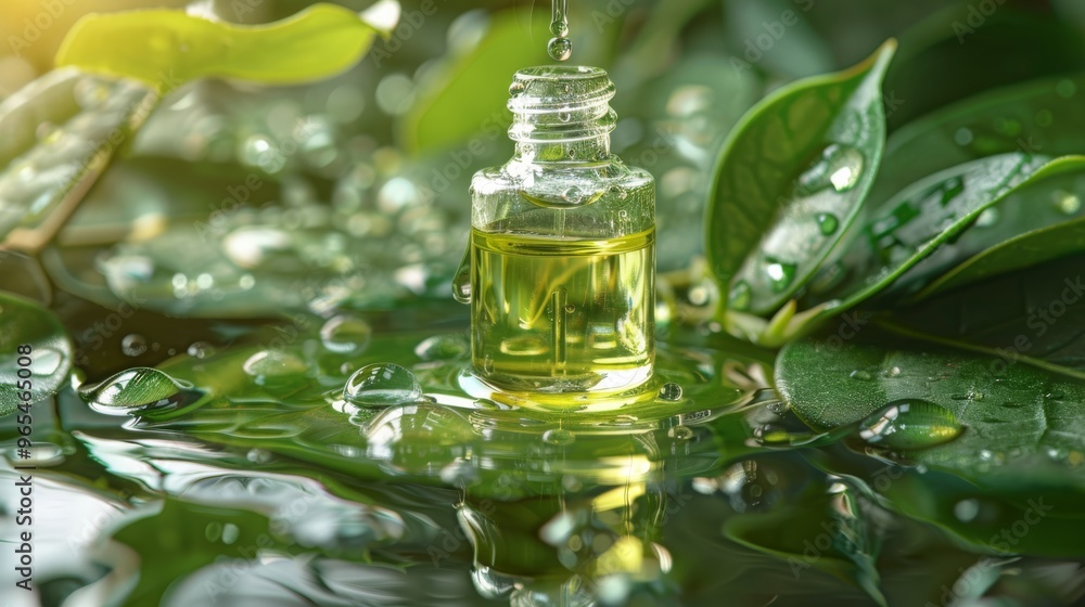 Oil drops from fresh leaves into a stylish cosmetic bottle close-up with a clean background