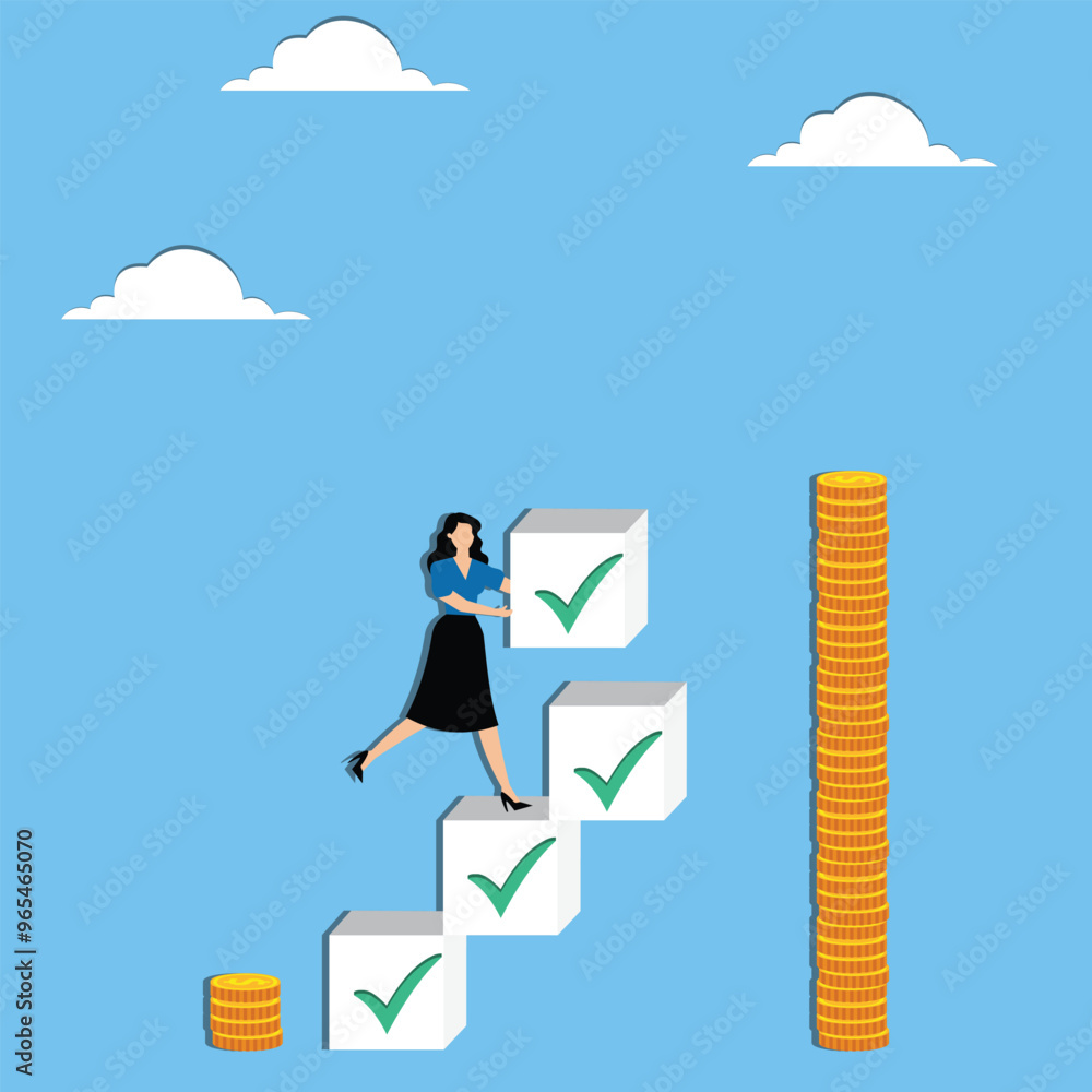 Salary increase due to completing multiple projects consistently, work accomplishment concept, Businesswoman building stair to reach higher coin stack using completed check boxes Salary increase due to completing multiple projects consistently, work accomplishment concept, Businesswoman building stair to reach higher coin stack using completed check boxes