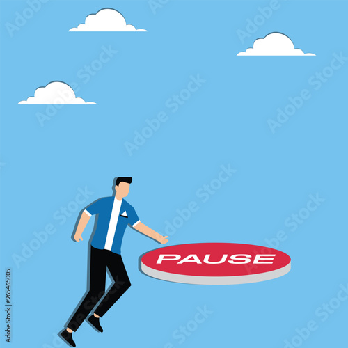 Temporary suspension of business activity due to economic recession or financial crisis, entrepreneur decision concept. Sad businessman owner heading down to press pause button