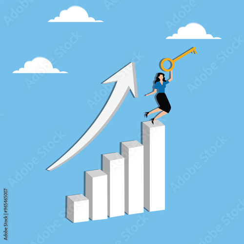 Key success for business or career growth, correct solution to increase sales or boost productivity, unlock achievement concept, Businesswoman standing on rising arrow holding bright key