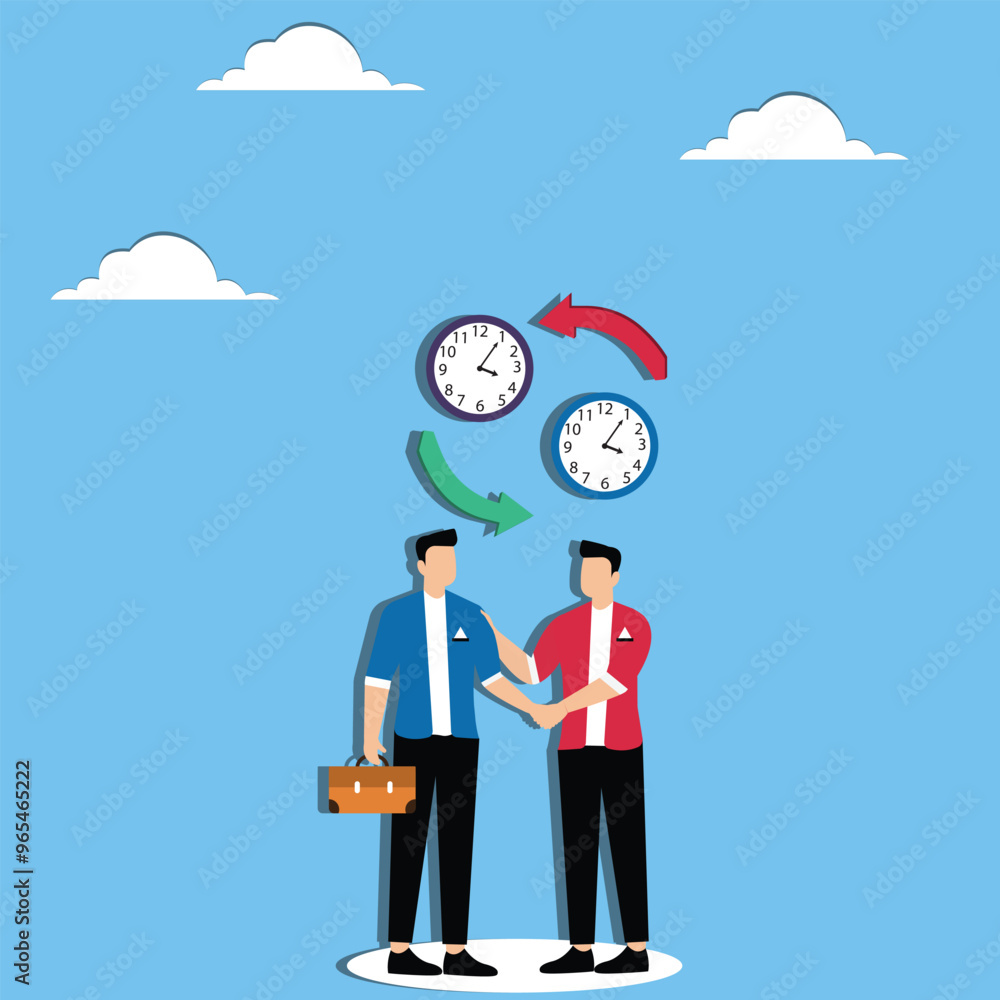 Exchange work shifts, allowing employees more flexible at work, swapping scheduled work hours to accommodate personal preferences concept, Colleagues agree to exchange clocks Exchange work shifts, allowing employees more flexible at work, swapping scheduled work hours to accommodate personal preferences concept, Colleagues agree to exchange clocks