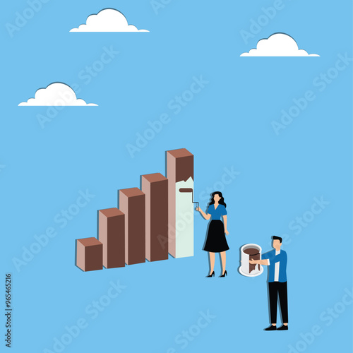 Business transformation, rebranding, revitalization of image of company concept, Businessman and businesswoman painting new color over old color of bar graph