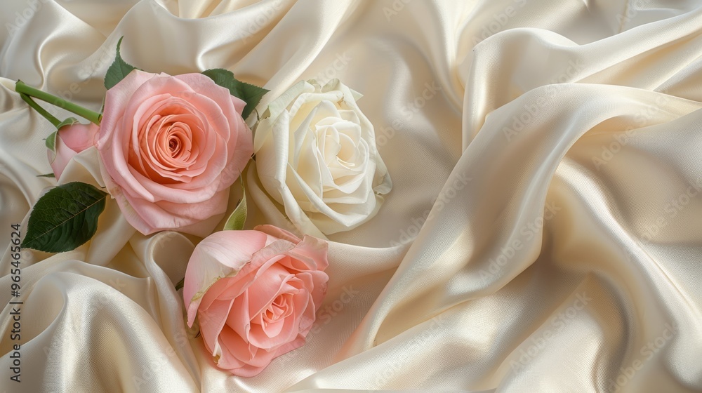 Pink and white roses arranged on cream-colored silk with gentle folds Pink and white roses arranged on cream-colored silk with gentle folds