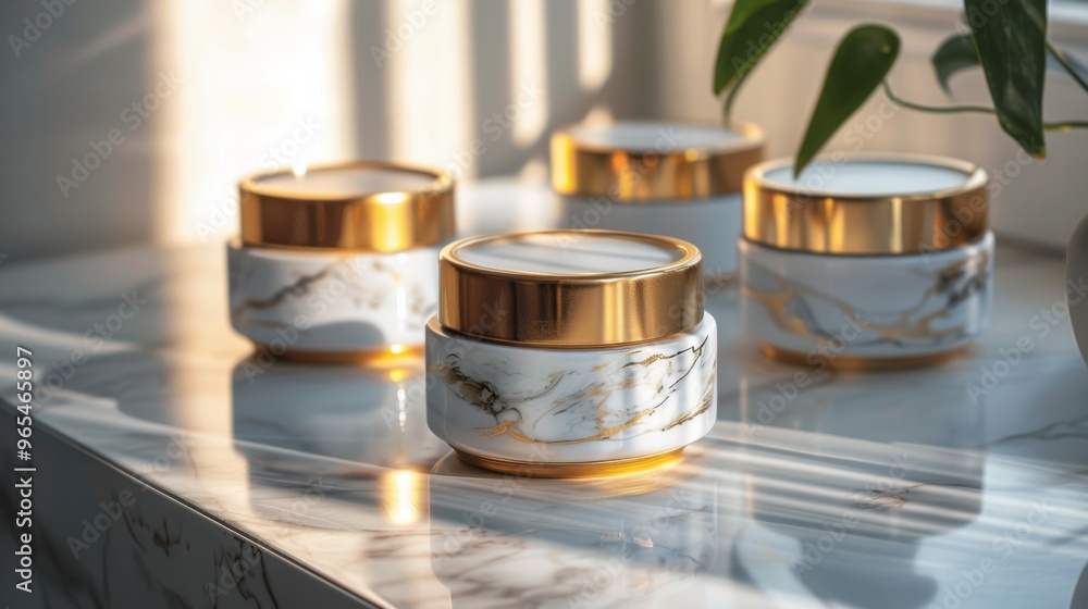 Premium skincare containers in marble and gold, sophisticated aesthetics. Premium skincare containers in marble and gold, sophisticated aesthetics.