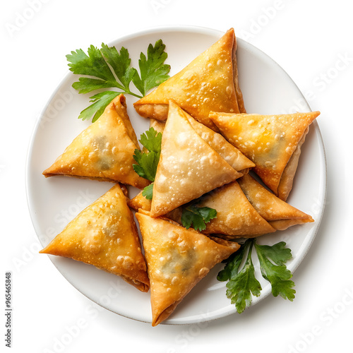 Plate with vegetarian Indian samosas isolated on white background photo