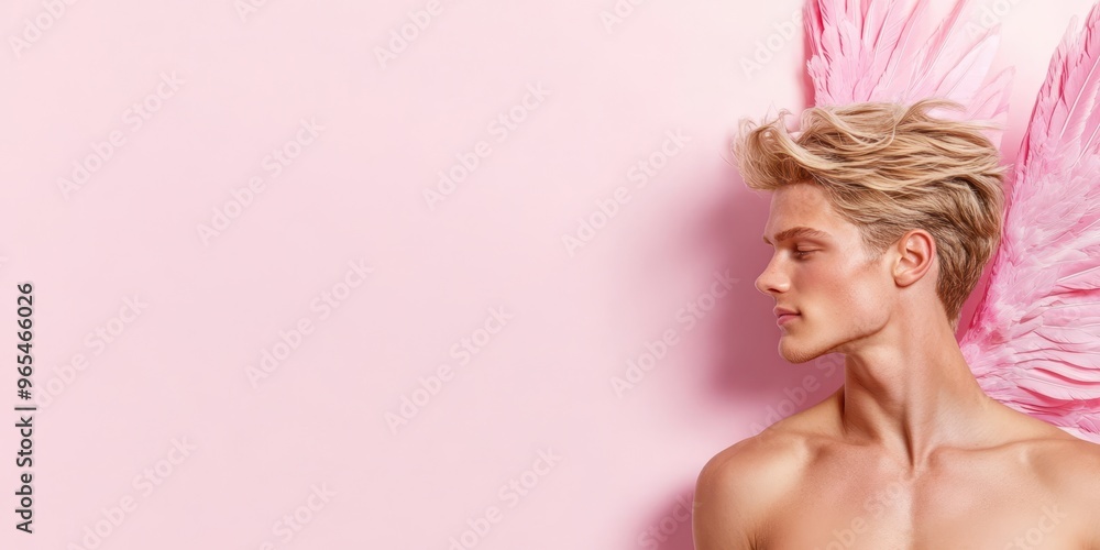 Young man with pink angel wings standing against a pink background, looking serious. Valentine's Day or love concept. Young man with pink angel wings standing against a pink background, looking serious. Valentine's Day or love concept.