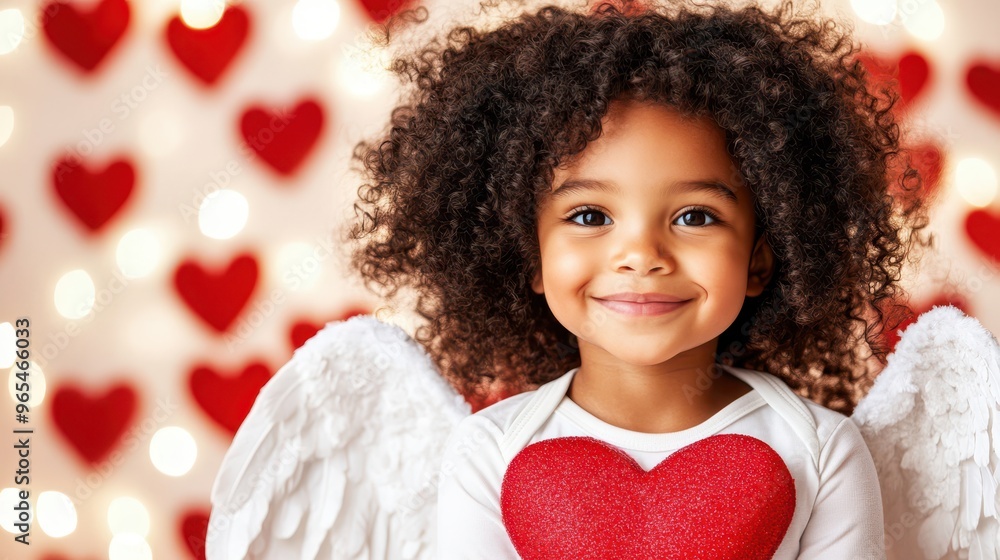 Smiling girl with curly hair, dressed as an angel with white wings, holding a large red heart against a bokeh backdrop of hearts. Valentine's Day love concept. Smiling girl with curly hair, dressed as an angel with white wings, holding a large red heart against a bokeh backdrop of hearts. Valentine's Day love concept.