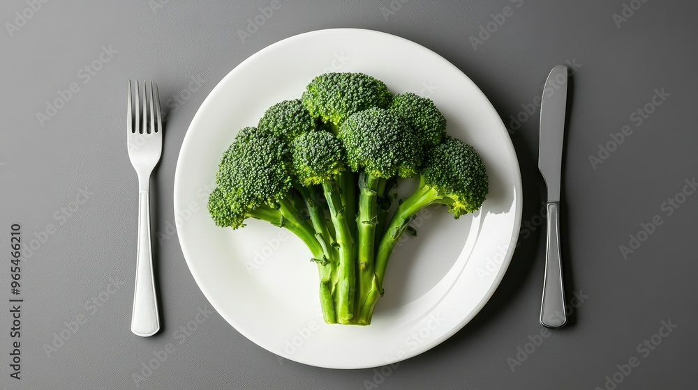 Green broccoli on a white plate, with fork and knife neatly arranged around it, viewed from above. Green broccoli on a white plate, with fork and knife neatly arranged around it, viewed from above.