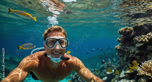 Wallpaper Mural Joyful White male snorkeling in tropical reef with fish background Torontodigital.ca
