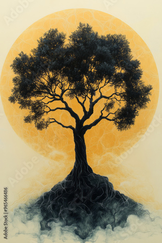 An abstract representation of a tree with branches growing towards each other, forming a dense network, set against a pastel yellow background, photo