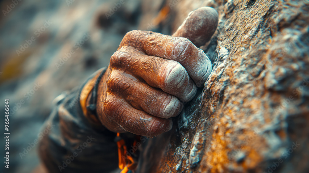 A close-up of a climber’s hand gripping a rocky crevice, chalk-covered fingers and worn-out climbing tape visible, set against a pastel beige background, A close-up of a climber’s hand gripping a rocky crevice, chalk-covered fingers and worn-out climbing tape visible, set against a pastel beige background,