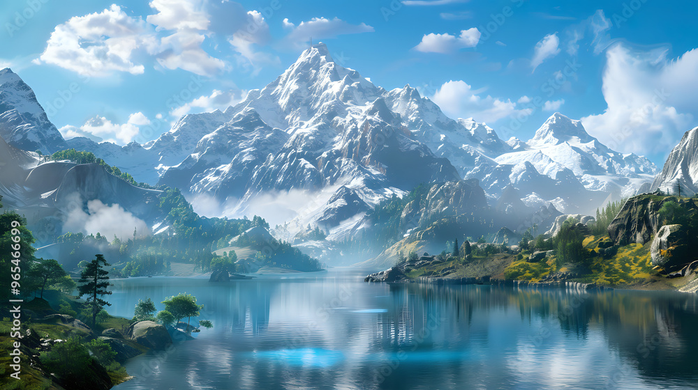 Vivid mountain landscape with reflections in a serene lake, showcasing the beauty of nature and tranquility. Vivid mountain landscape with reflections in a serene lake, showcasing the beauty of nature and tranquility.