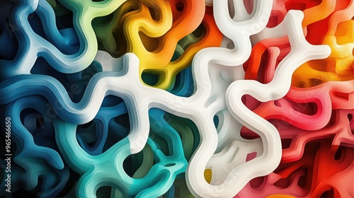 Intricate, colorful maze-like patterns intertwined with white shapes, creating a complex and vibrant design.