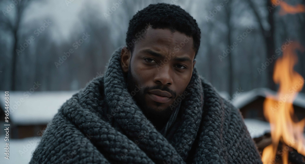 Peaceful Black male wrapped in blanket by winter fire background Peaceful Black male wrapped in blanket by winter fire background