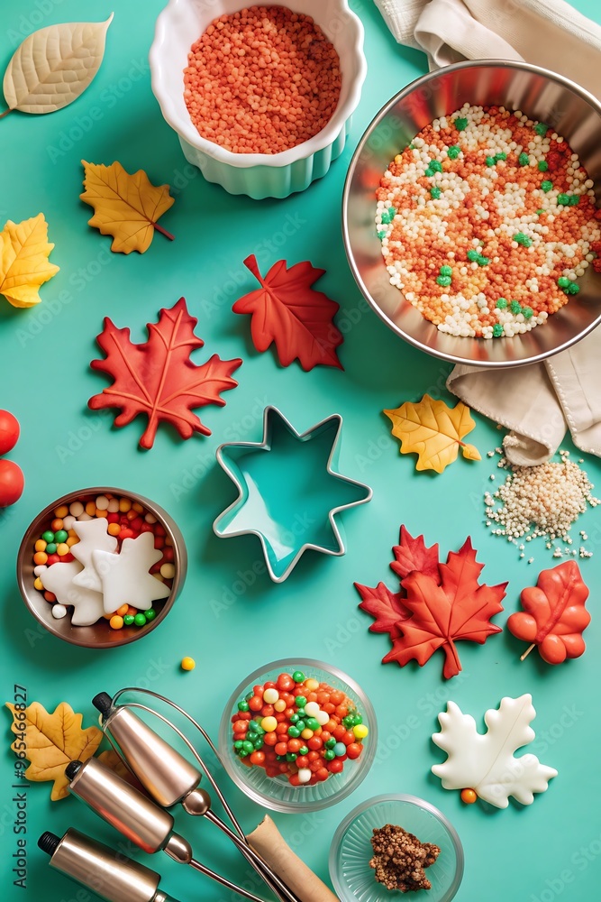 Autumn-Themed Baking Essentials: Flat Lay of Cookie Cutters, Sprinkles, and Decorations
Autumn-Themed Baking Essentials: Flat Lay of Cookie Cutters, Sprinkles, and Decorations