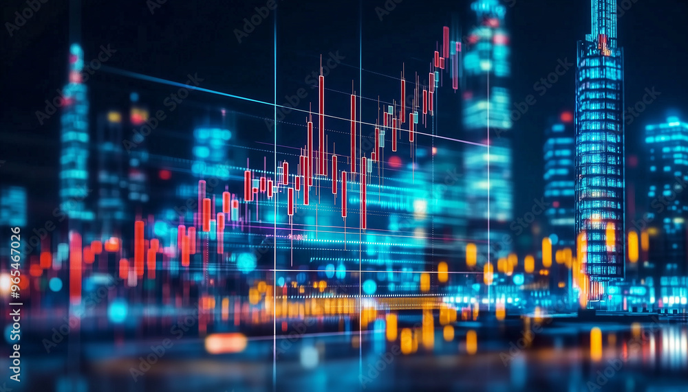 View of a computer screen displaying stock exchange graph and chart representing increased and decreased price in the stock market on blurred city background. Generative AI. View of a computer screen displaying stock exchange graph and chart representing increased and decreased price in the stock market on blurred city background. Generative AI.
