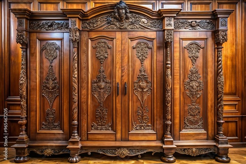 * An antique wardrobe featuring intricate carvings, ornate handles, and a rich dark wood finish, exuding elegance and sophistication.