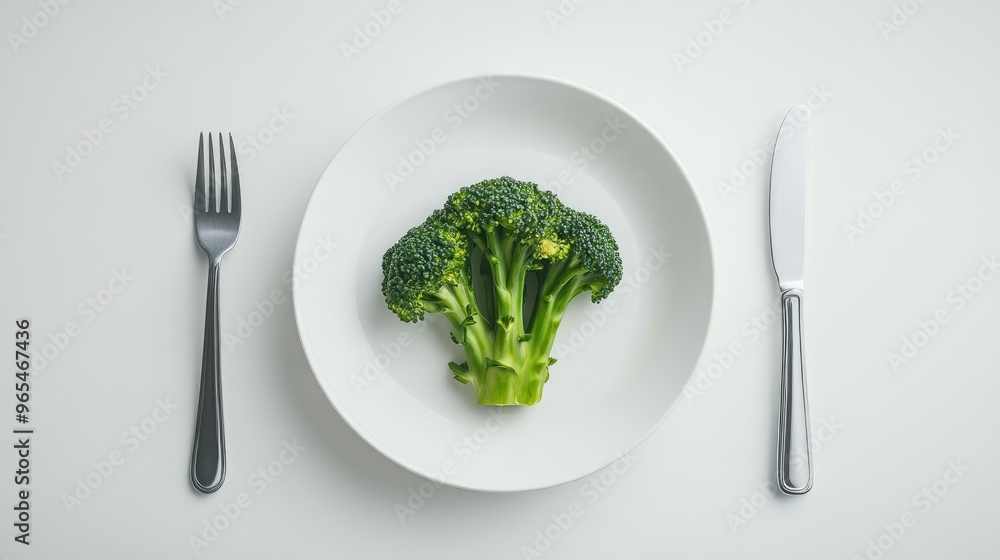 Minimalist arrangement of a plate with broccoli in the center, surrounded by cutlery, viewed from above. Minimalist arrangement of a plate with broccoli in the center, surrounded by cutlery, viewed from above.
