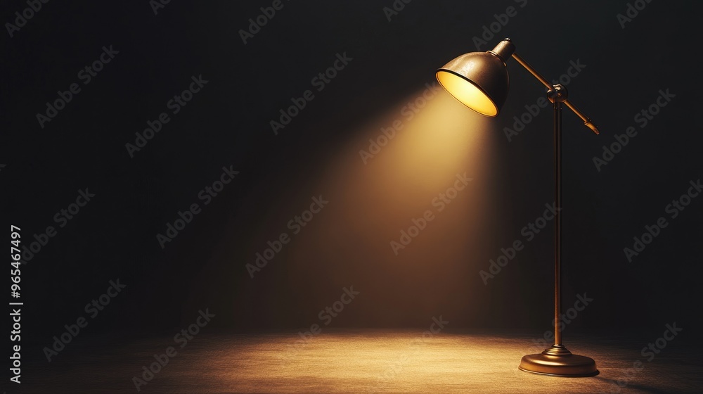 Minimalist studio scene with a spotlight shining from a golden lamp, offering abundant copy space. Minimalist studio scene with a spotlight shining from a golden lamp, offering abundant copy space.