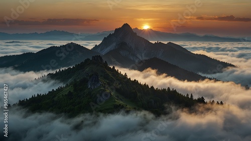 Mystic mountain ranges. Towering peaks rise above the clouds, shrouded in mist and illuminated by the soft glow of a distant sun, creating an ethereal landscape. Realistic style. photo