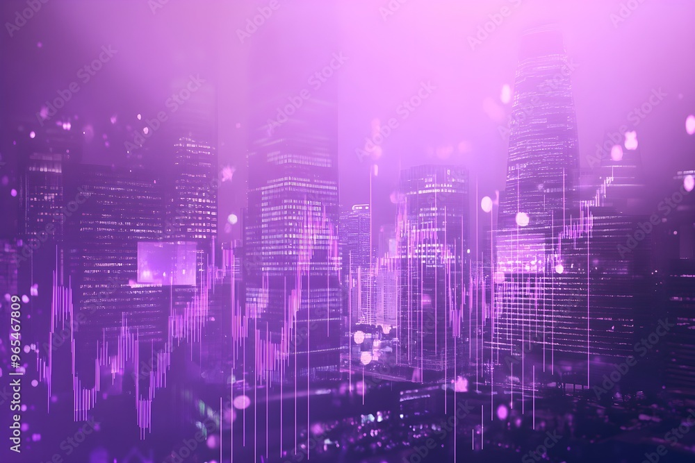 A cityscape with a purple background and a lot of lights A cityscape with a purple background and a lot of lights