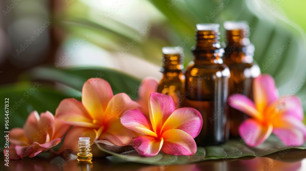Zen spa scene with essential oils and vibrant flowers Zen spa scene with essential oils and vibrant flowers