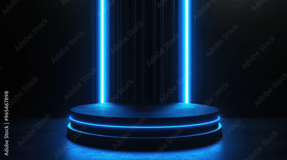Neon blue light accents an empty round black podium, creating a striking, futuristic background. Neon blue light accents an empty round black podium, creating a striking, futuristic background.