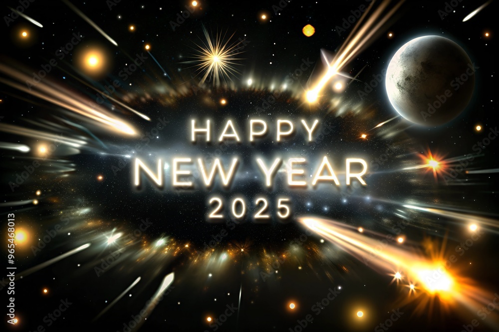 Fototapeta premium New Year 2025 banner, Happy New Year banner, 2025 celebration, New Year fireworks, New Year party design, New Year countdown banner, Happy 2025 design, New Year eve poster, Golden New Year banner, 202