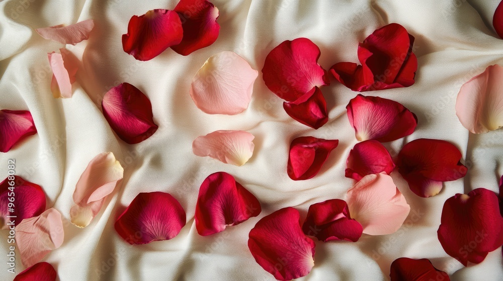 Red and pink rose petals artfully scattered on a white fabric background, forming a beautiful, romantic composition. Red and pink rose petals artfully scattered on a white fabric background, forming a beautiful, romantic composition.