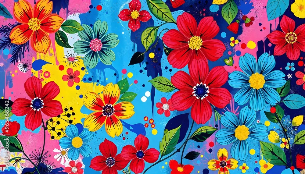 Illustration of A vibrant floral arrangement with large red and orange flowers, surrounded by smaller yellow and white flowers against a blurred blue background Illustration of A vibrant floral arrangement with large red and orange flowers, surrounded by smaller yellow and white flowers against a blurred blue background