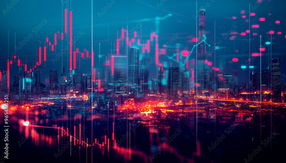 Naklejka premium View of a computer screen displaying stock exchange graph and chart representing increased and decreased price in the stock market on blurred city background. Generative AI. 